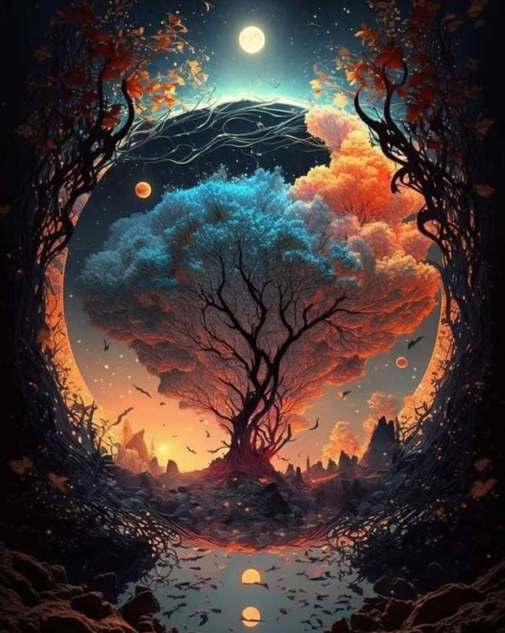 Árbol de colores en la noche- Kit de pintura diamante