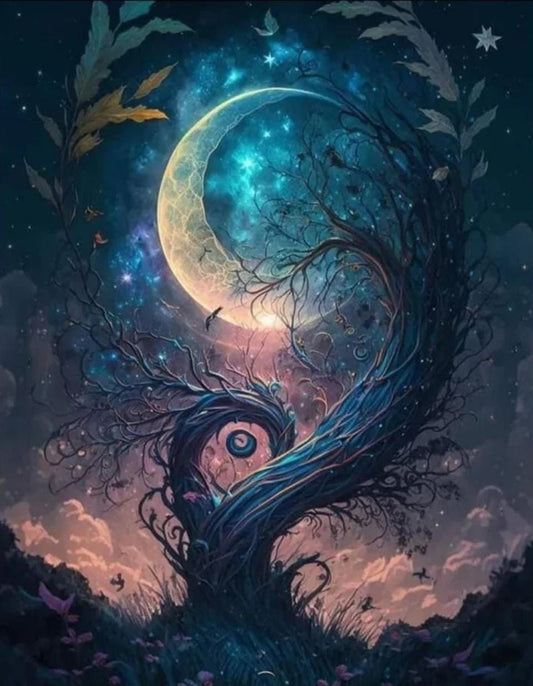 Árbol y cuarto de luna - Kit de pintura diamante