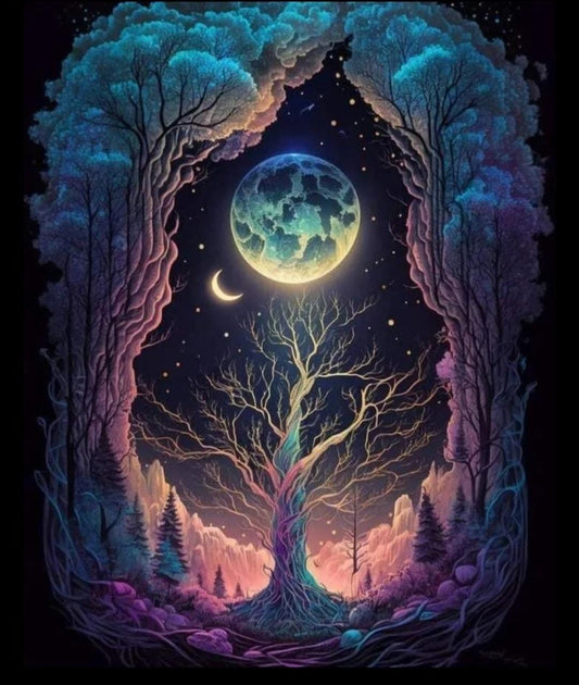 Árbol y luna llena - Kit de pintura diamante