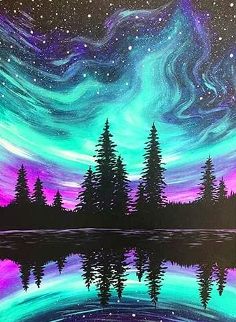 Árboles y aurora- Kit de pintura diamante