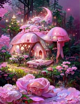 Mundo rosa casa con flores gigantes