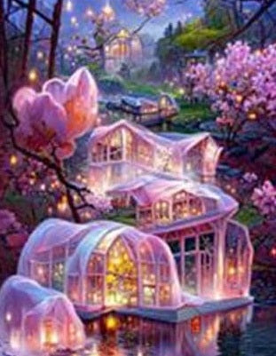 Mundo rosa casa en el agua- Kit de pintura diamante