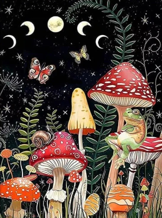 Paisaje de hongos en la noche - Kit de pintura diamante