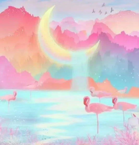 Luna y Flamingos - Kit de pintura diamante