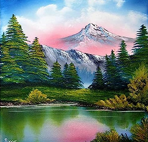 Pintura diamante – Montañas y lago con detalles rosados