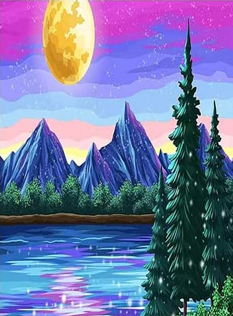 Montañas y luna llena - Kit de pintura diamante