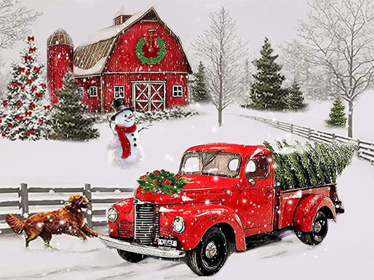 Pintura diamante casa y camioneta navideña