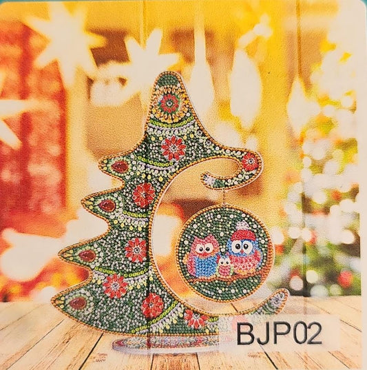 Adorno 3D de pintura diamante -Arbol navideño con búhos