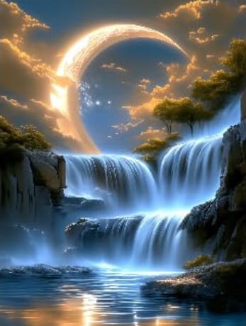 Cascada Mágica y Luna  - kit de pintura diamante