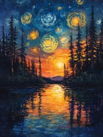 Pinos y noche estrellada  - kit de pintura diamante