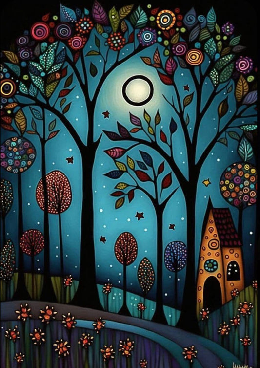 Pintura Diamante Premium - Luna Llena en el Bosque