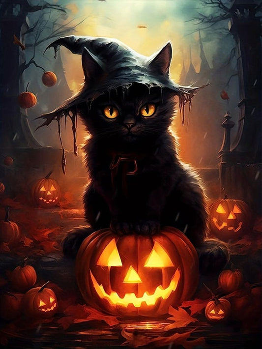 Gato negro con calabaza-Halloween- Kit premium de pintura diamante