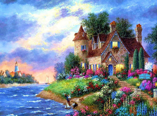 Casa con flores y rio - kit de pintura diamante